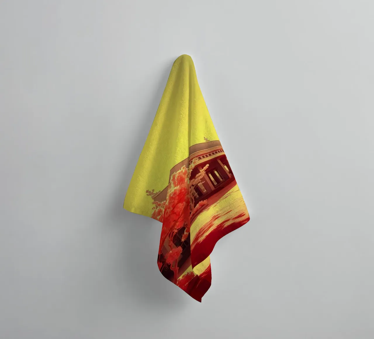 Building Facade with Trees in Red and Yellow Light towel by DesignDoodle