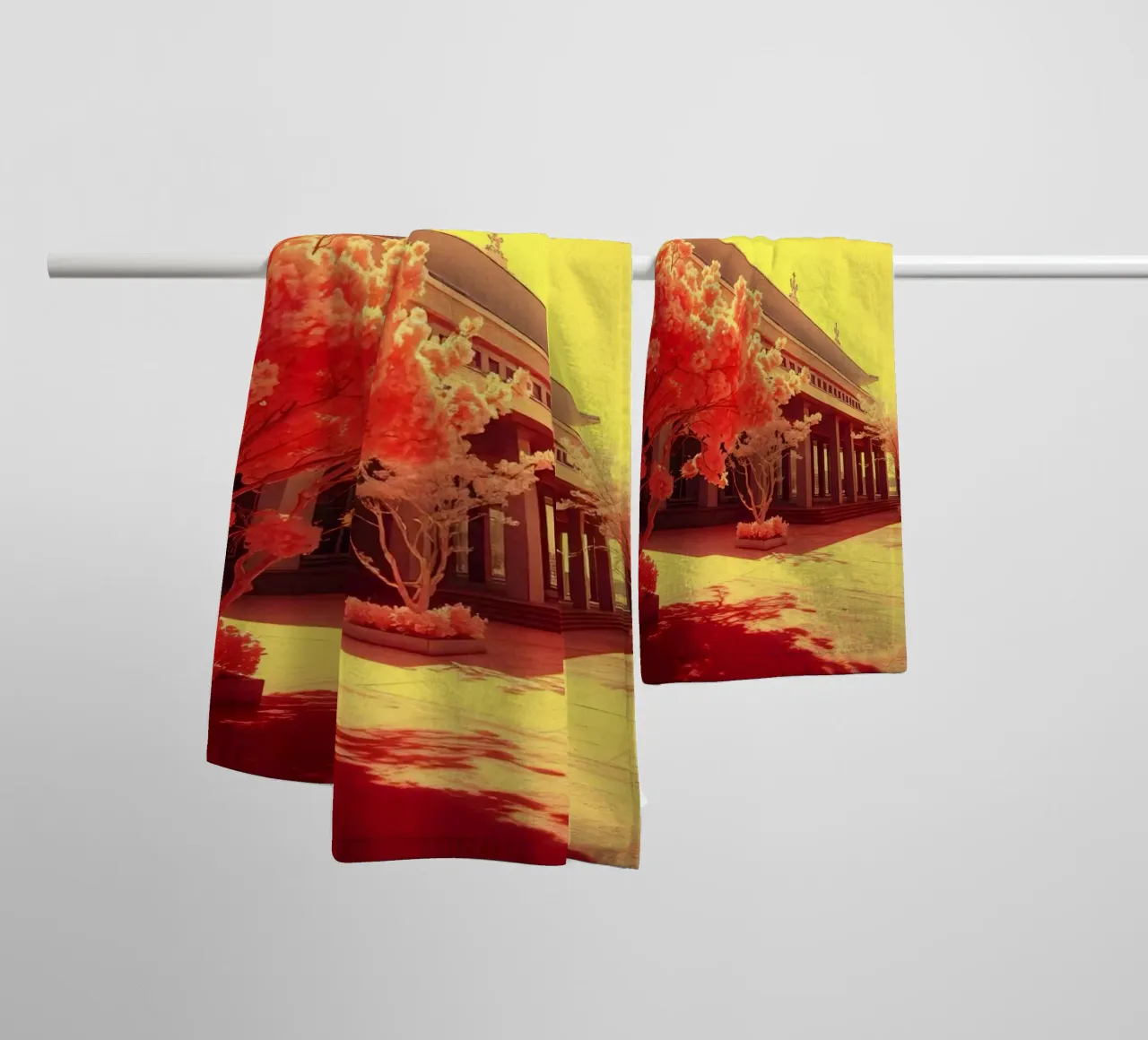 Building Facade with Trees in Red and Yellow Light towel by DesignDoodle