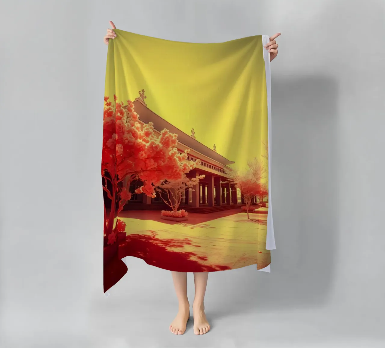 Building Facade with Trees in Red and Yellow Light beach towel by DesignDoodle