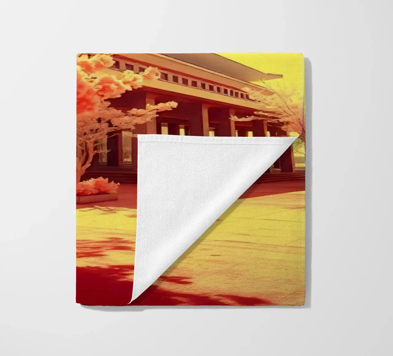 Building Facade with Trees in Red and Yellow Light beach towel by DesignDoodle