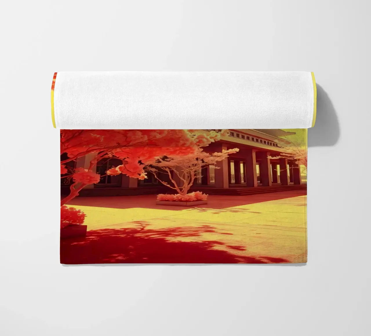 Building Facade with Trees in Red and Yellow Light beach towel by DesignDoodle