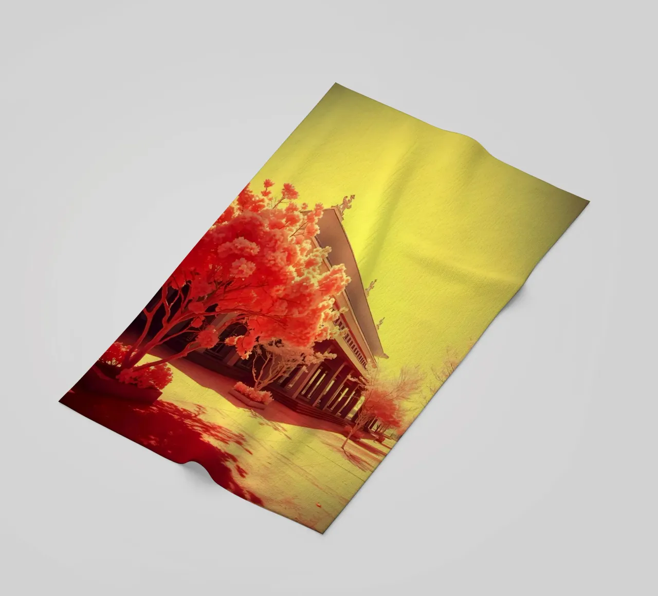 Building Facade with Trees in Red and Yellow Light beach towel by DesignDoodle