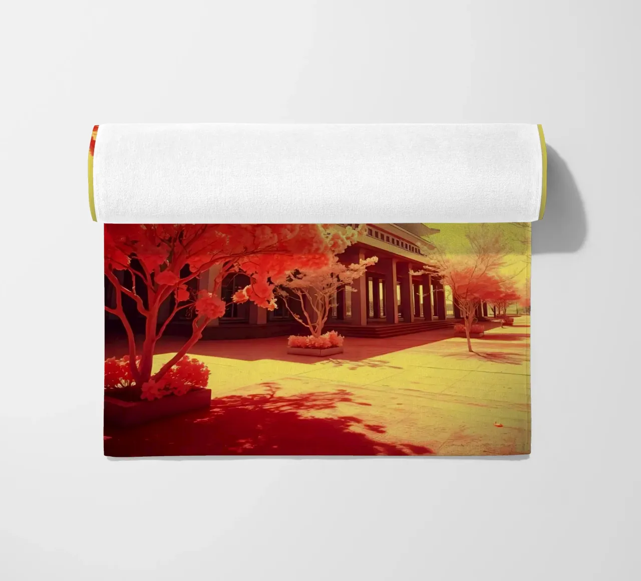 Building Facade with Trees in Red and Yellow Light beach towel by DesignDoodle
