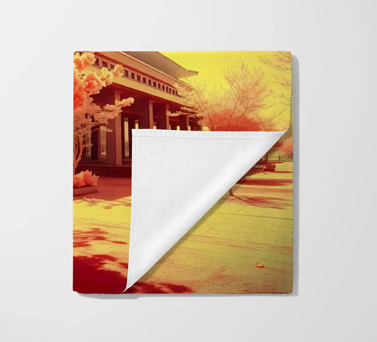 Building Facade with Trees in Red and Yellow Light beach towel by DesignDoodle