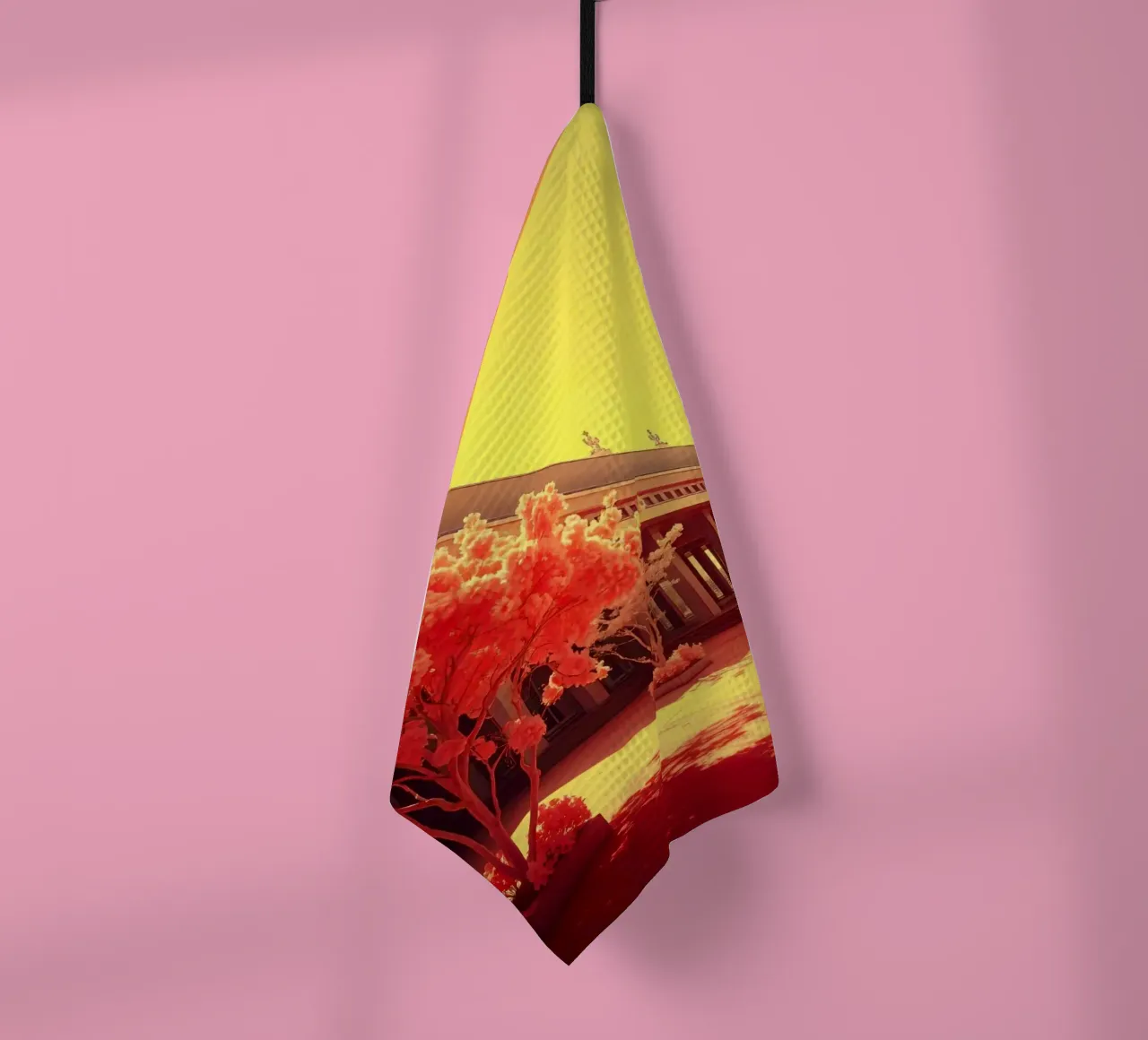Building Facade with Trees in Red and Yellow Light tea towel by DesignDoodle