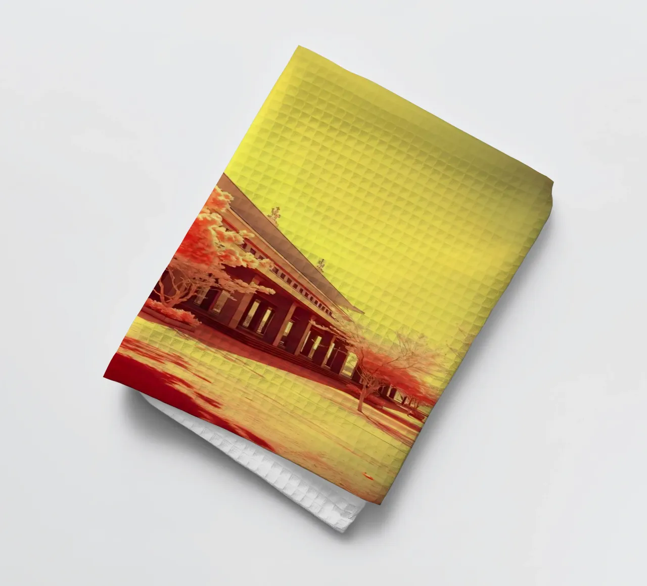 Building Facade with Trees in Red and Yellow Light tea towel by DesignDoodle