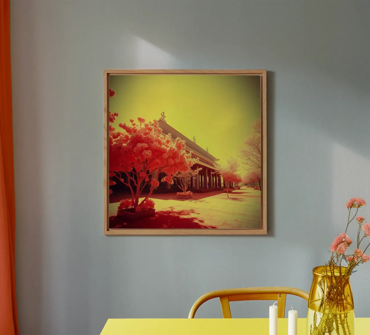Building Facade with Trees in Red and Yellow Light alu-dibond by DesignDoodle
