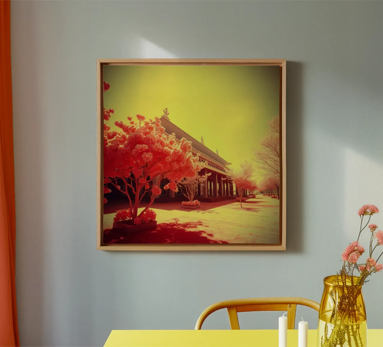 Building Facade with Trees in Red and Yellow Light canvas with Floater frame by DesignDoodle
