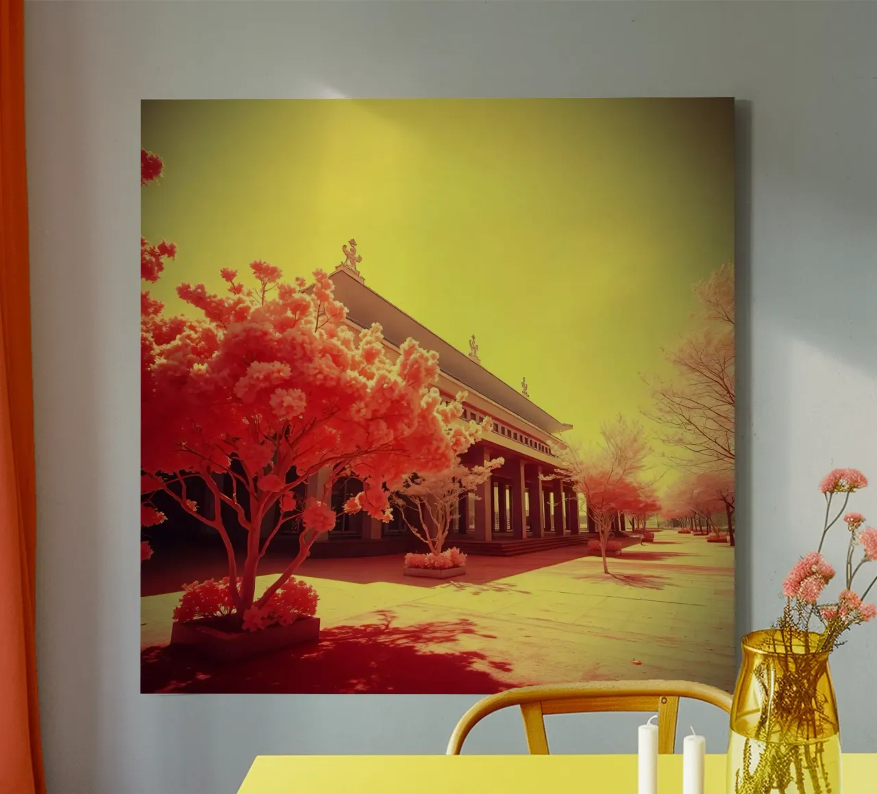 Building Facade with Trees in Red and Yellow Light canvas with Floater frame by DesignDoodle