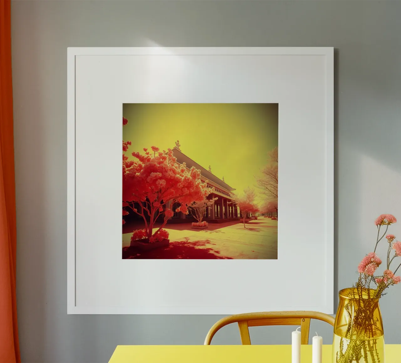Façade d'un bâtiment avec arbres en lumière rouge et jaune poster de DesignDoodle