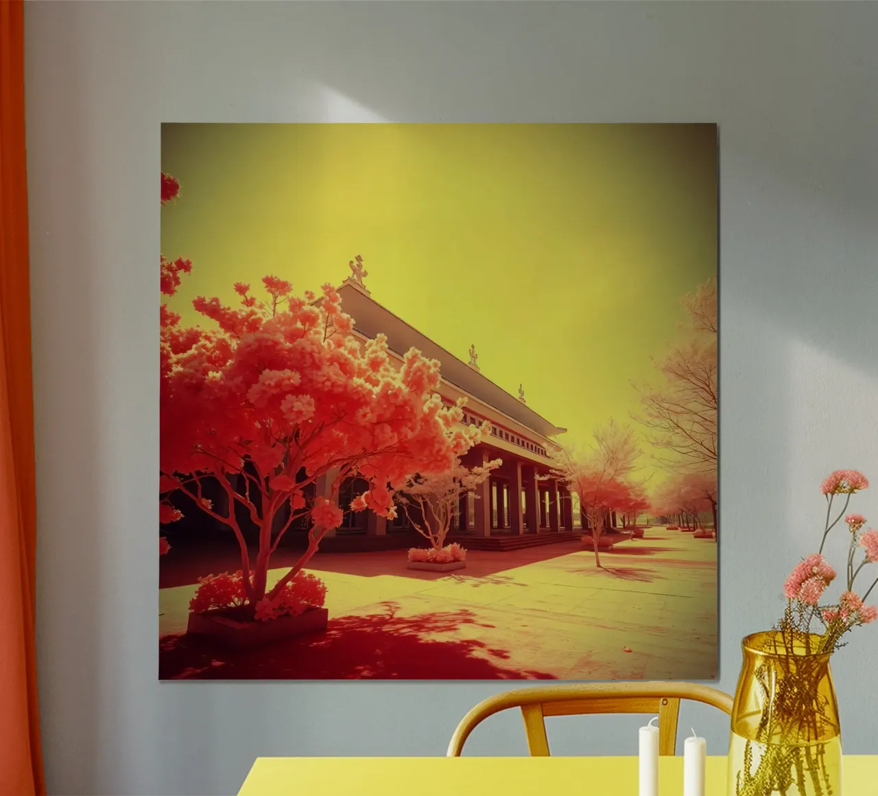 Façade d'un bâtiment avec arbres en lumière rouge et jaune poster de DesignDoodle