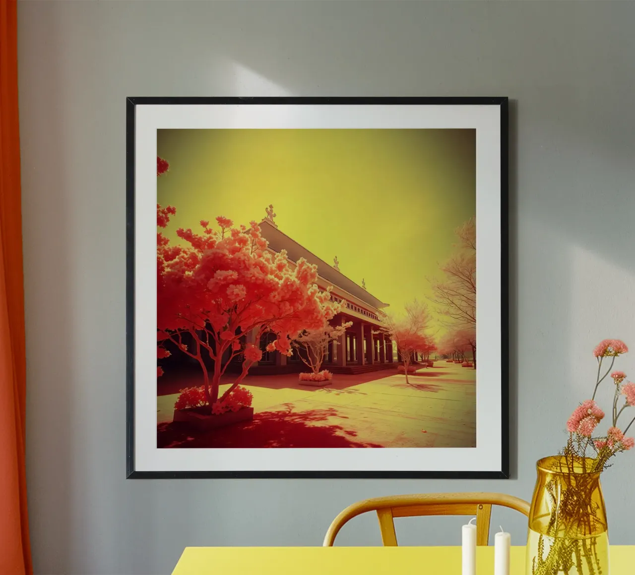 Façade d'un bâtiment avec arbres en lumière rouge et jaune poster de DesignDoodle