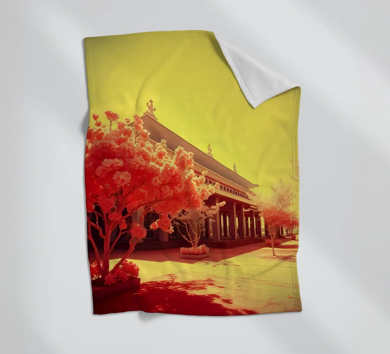 Building Facade with Trees in Red and Yellow Light fleece blanket by DesignDoodle