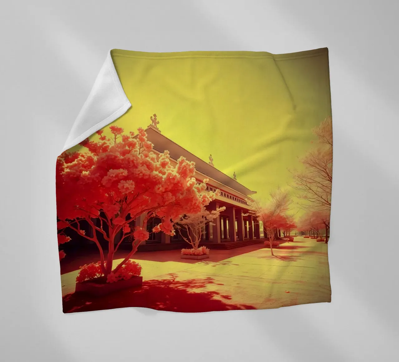 Building Facade with Trees in Red and Yellow Light fleece blanket by DesignDoodle