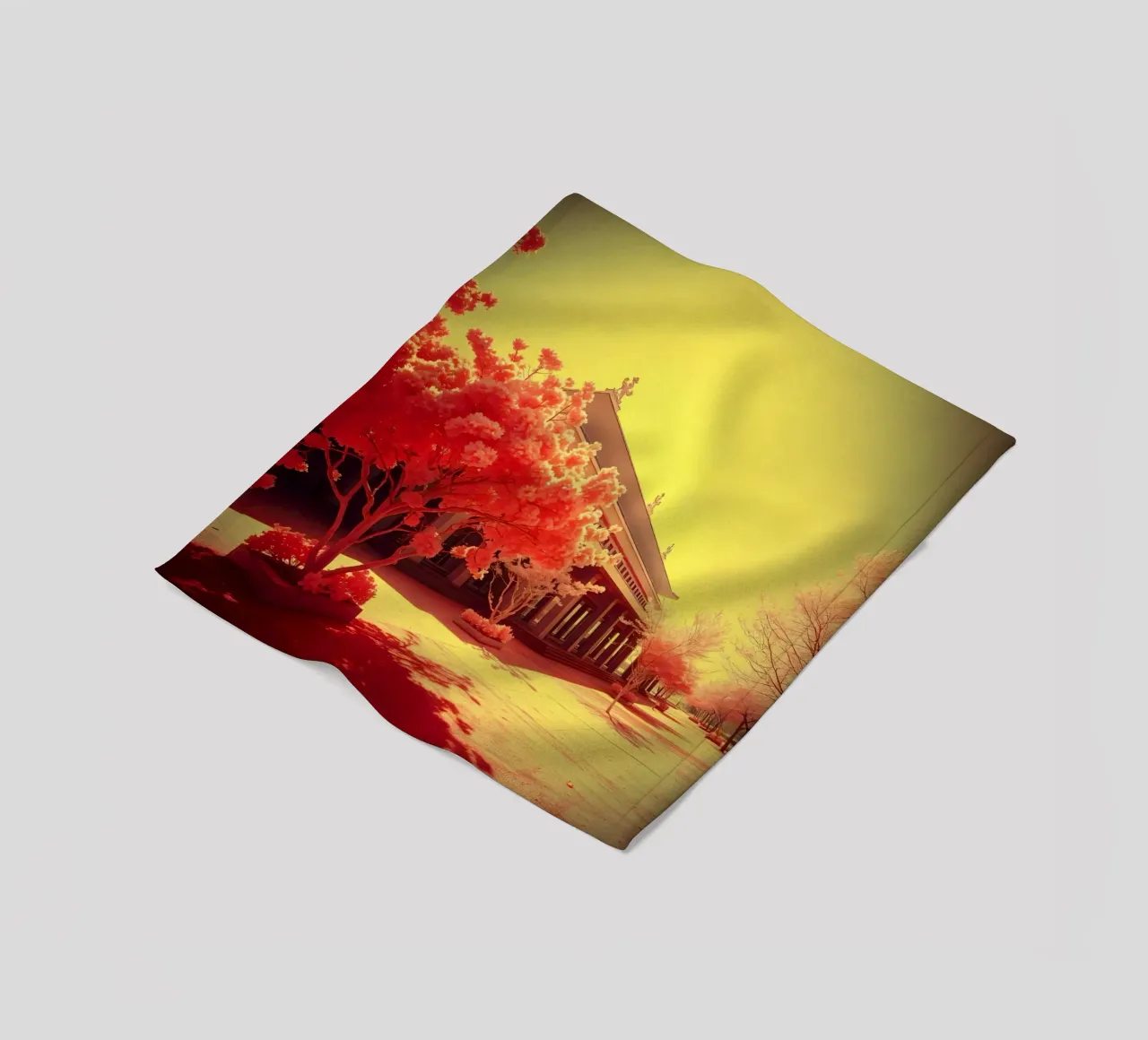Building Facade with Trees in Red and Yellow Light fleece blanket by DesignDoodle