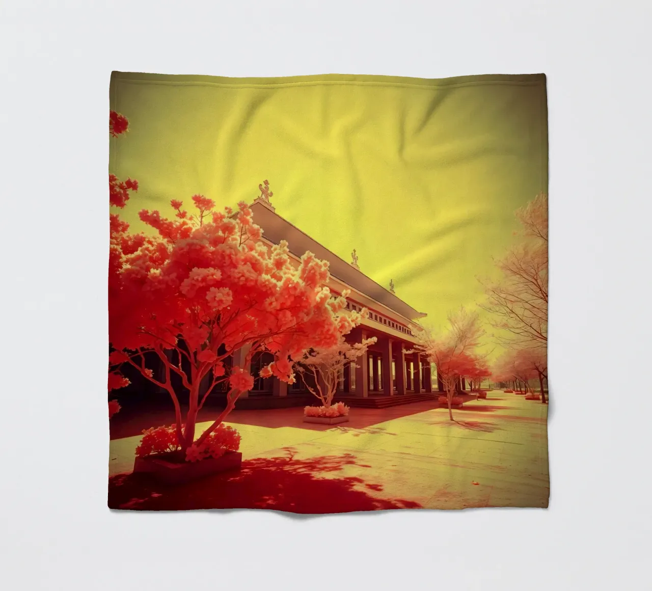 Building Facade with Trees in Red and Yellow Light fleece blanket by DesignDoodle