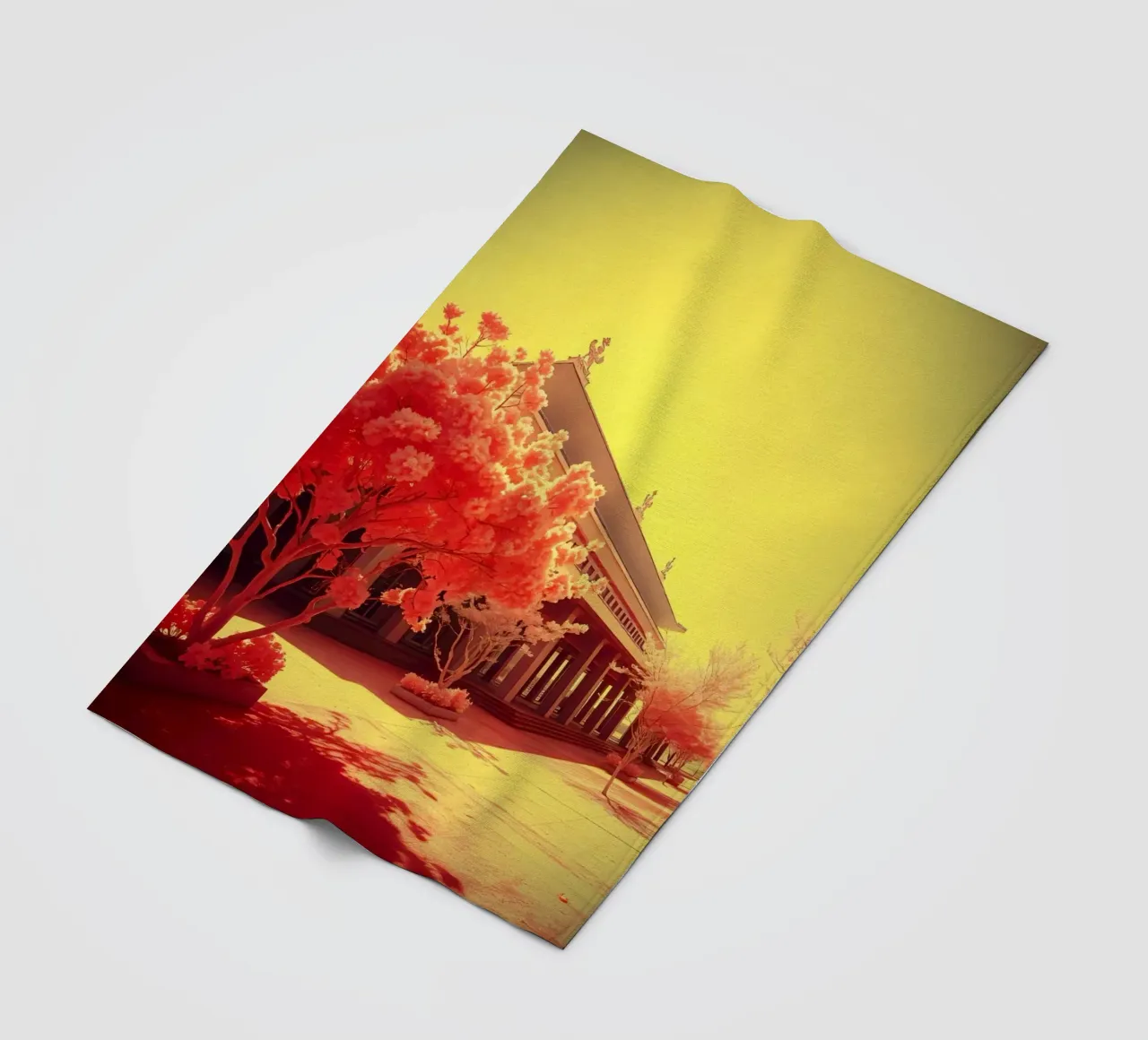 Building Facade with Trees in Red and Yellow Light fleece blanket by DesignDoodle
