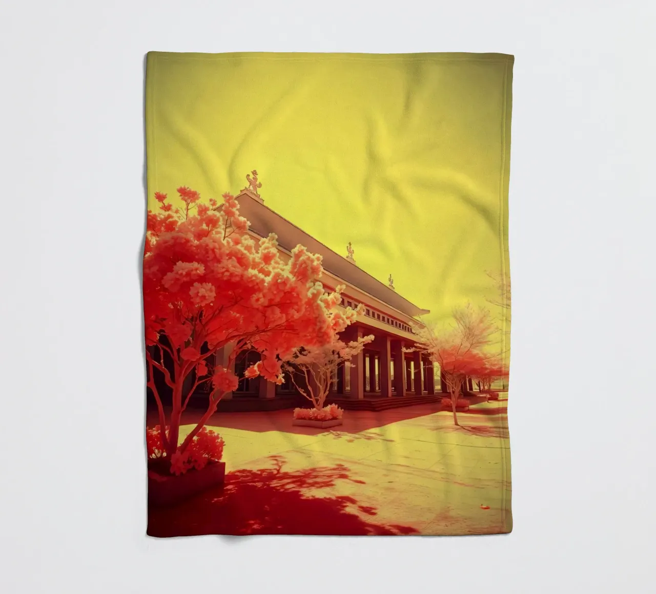 Building Facade with Trees in Red and Yellow Light fleece blanket by DesignDoodle
