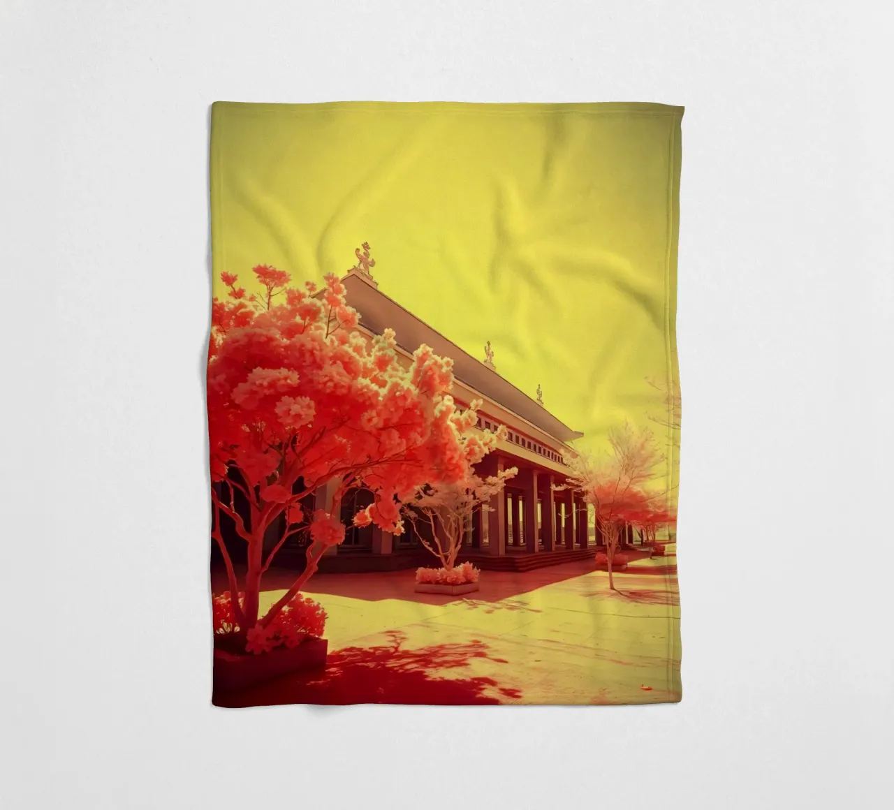 Building Facade with Trees in Red and Yellow Light fleece blanket by DesignDoodle