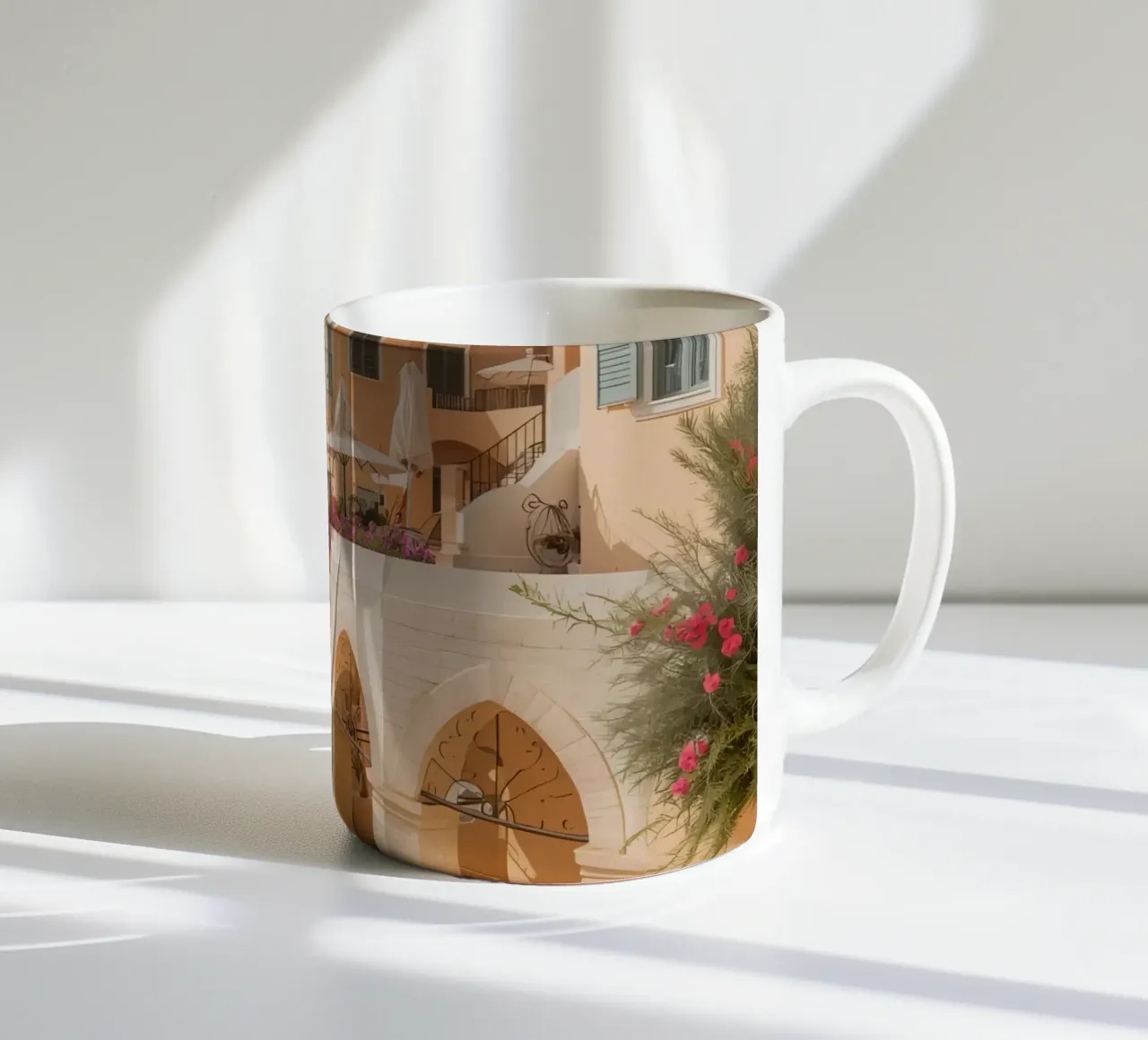 Edifici sulla scogliera con architettura affacciata sull'oceano tazza in ceramica da DesignDoodle