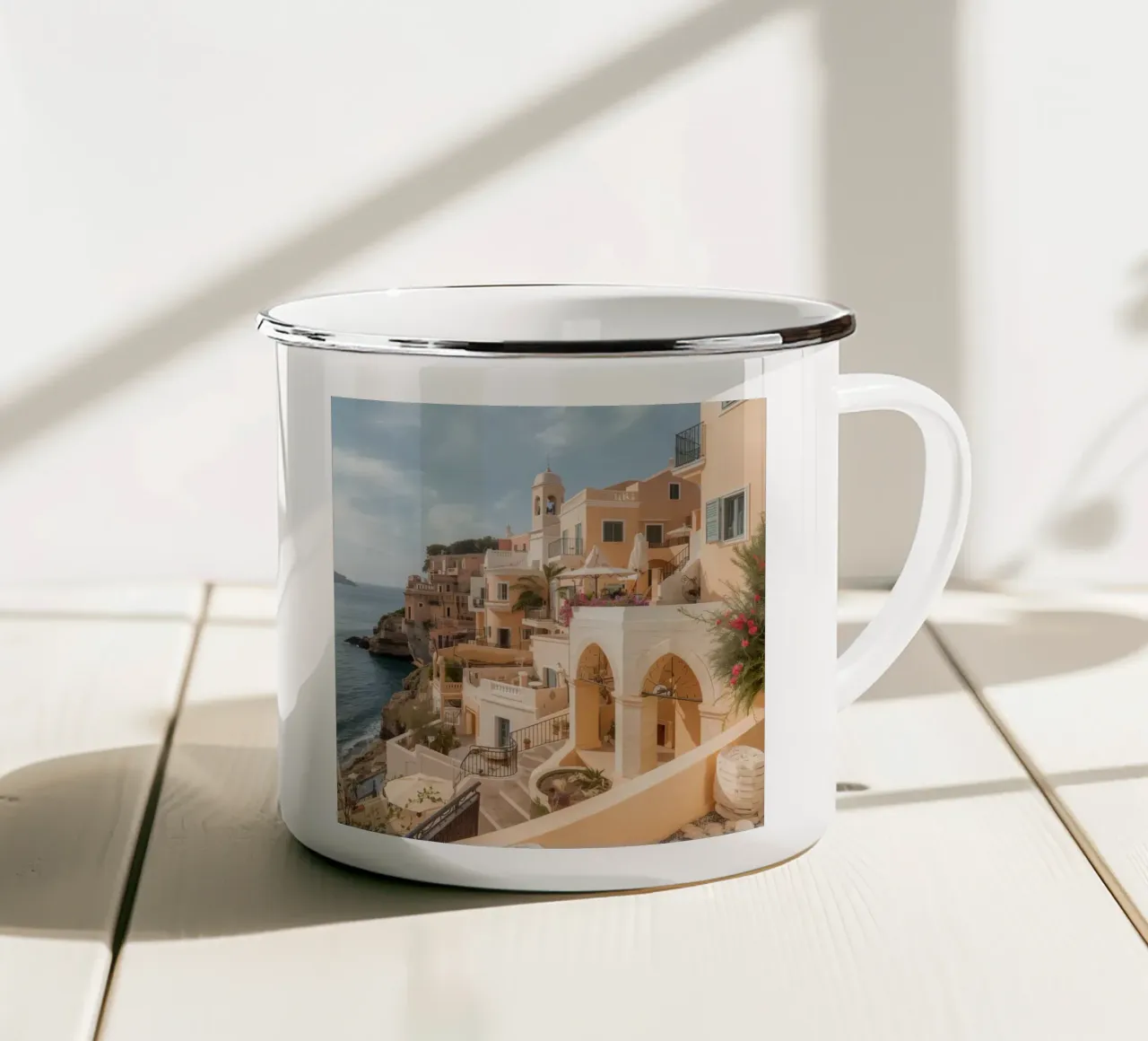 Edifici sulla scogliera con architettura affacciata sull'oceano tazza in smalto da DesignDoodle