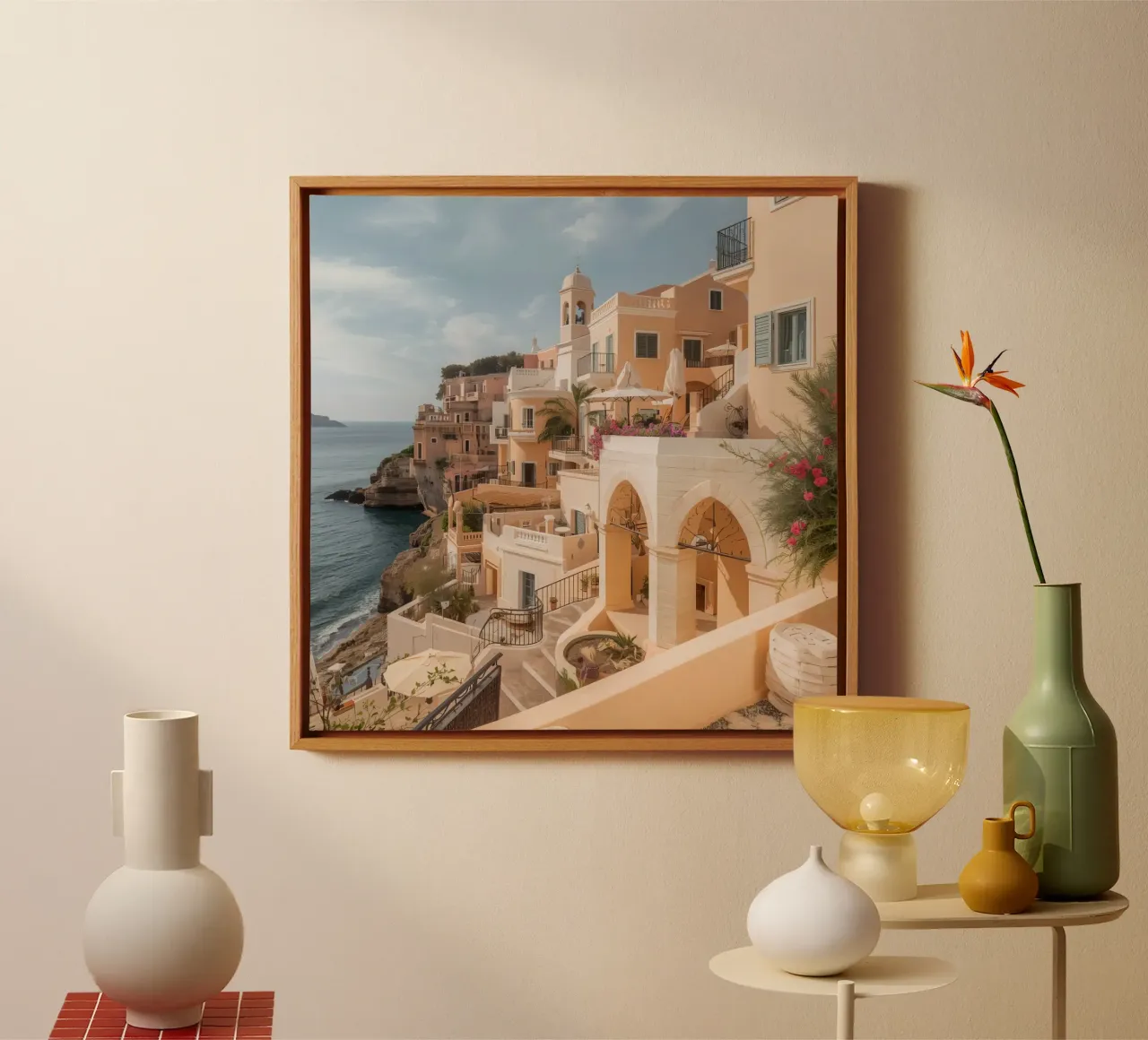 Edifici sulla scogliera con architettura affacciata sull'oceano tela con Cornice a cassetta da DesignDoodle