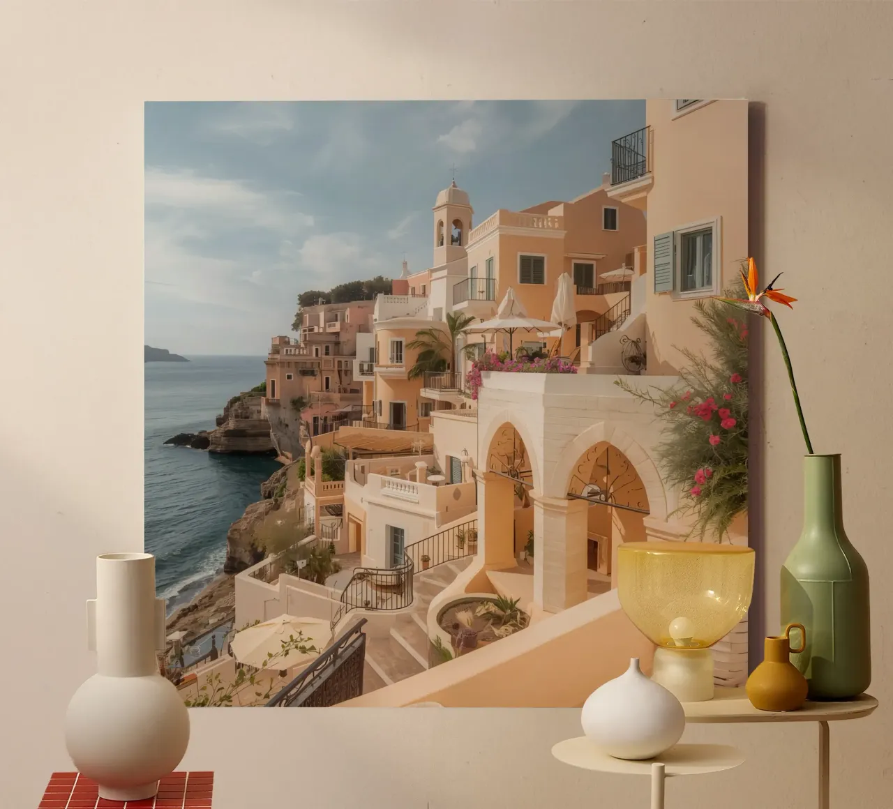 Edifici sulla scogliera con architettura affacciata sull'oceano tela con Cornice a cassetta da DesignDoodle