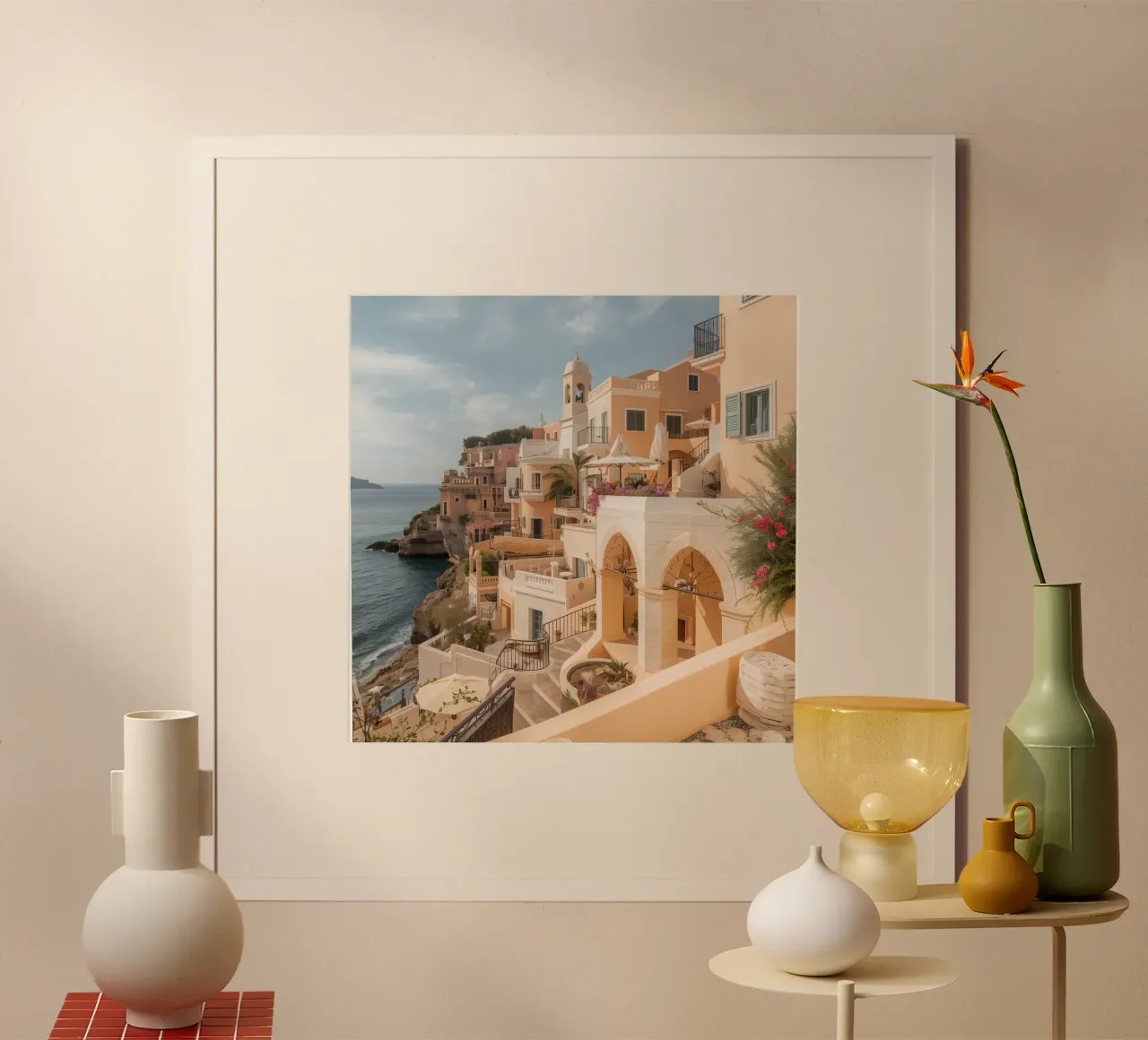 Edifici sulla scogliera con architettura affacciata sull'oceano poster con telaio in plastica da DesignDoodle