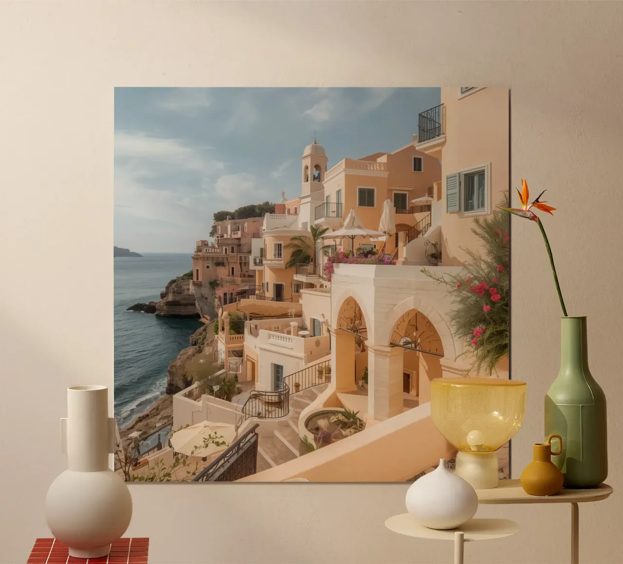 Edifici sulla scogliera con architettura affacciata sull'oceano poster con telaio in plastica da DesignDoodle