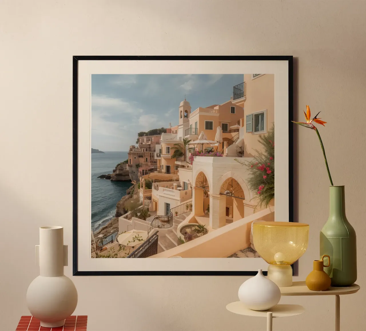 Edifici sulla scogliera con architettura affacciata sull'oceano poster con telaio in plastica da DesignDoodle
