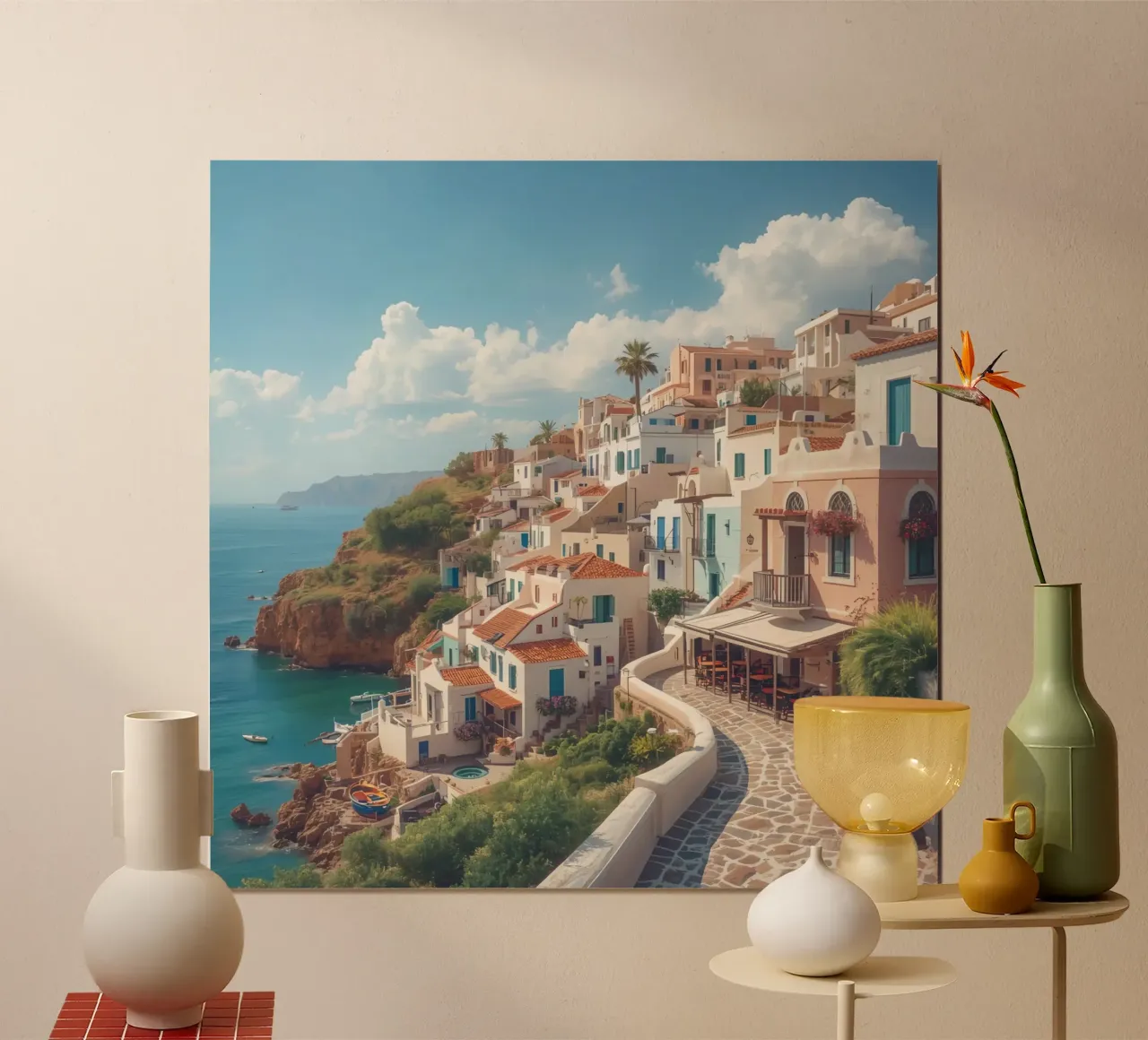 Häuser in einem Küstendorf am Hang mit Meerblick Poster mit Kunststoffrahmen von DesignDoodle