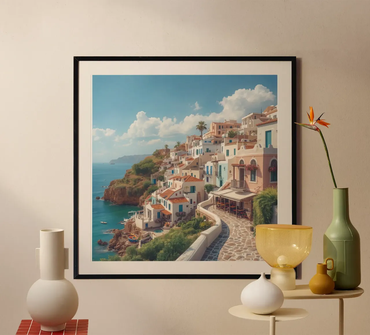 Häuser in einem Küstendorf am Hang mit Meerblick Poster mit Kunststoffrahmen von DesignDoodle