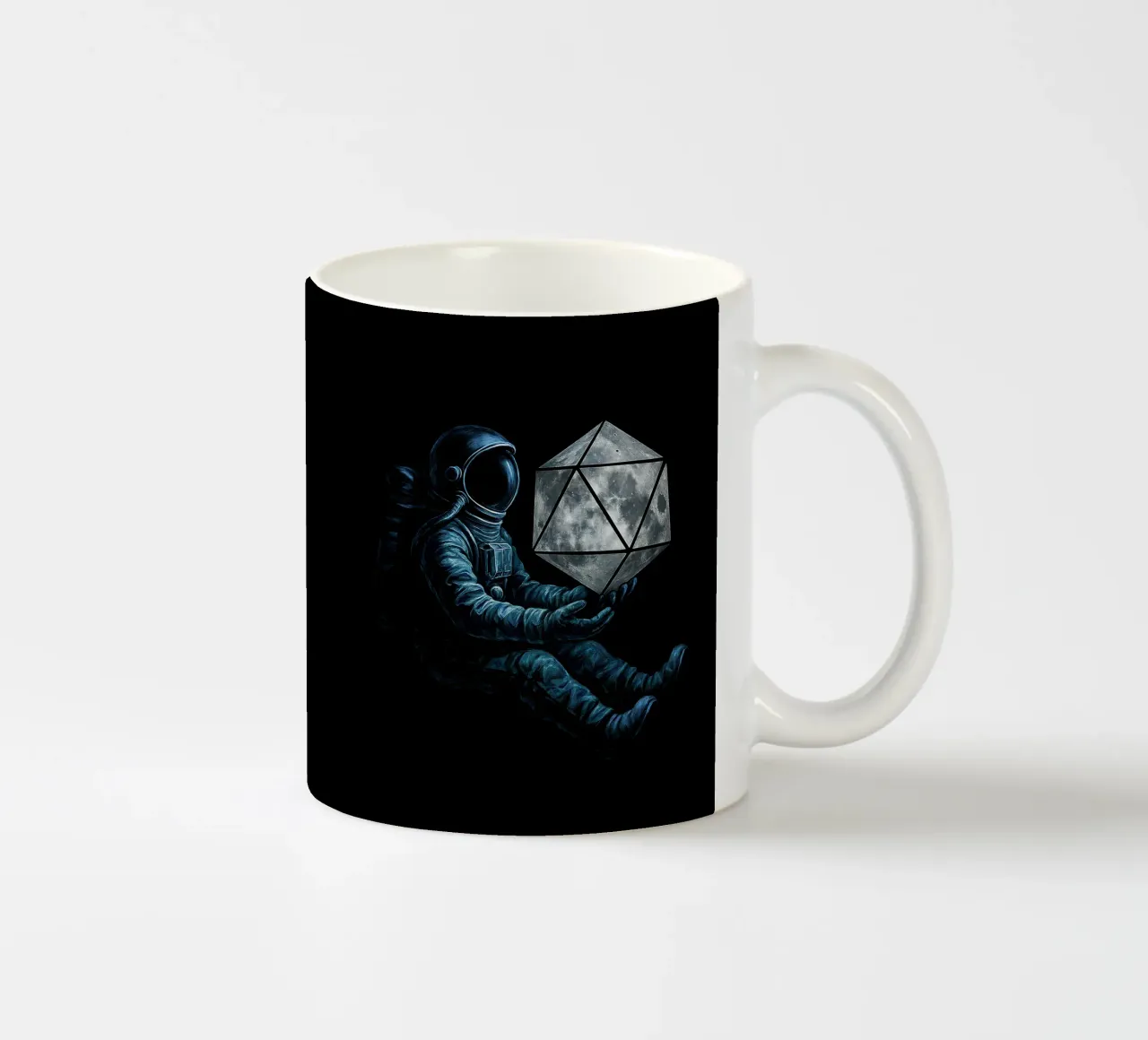 Lunar Roll: Astronaut with Moon Dice ceramic mug by BadrBrand