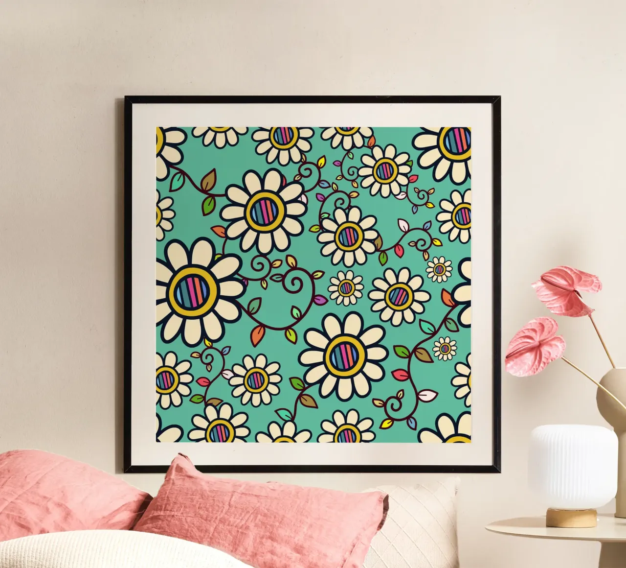 Scarabocchi Happy Bloom poster con telaio in legno da Botanical Pattern House
