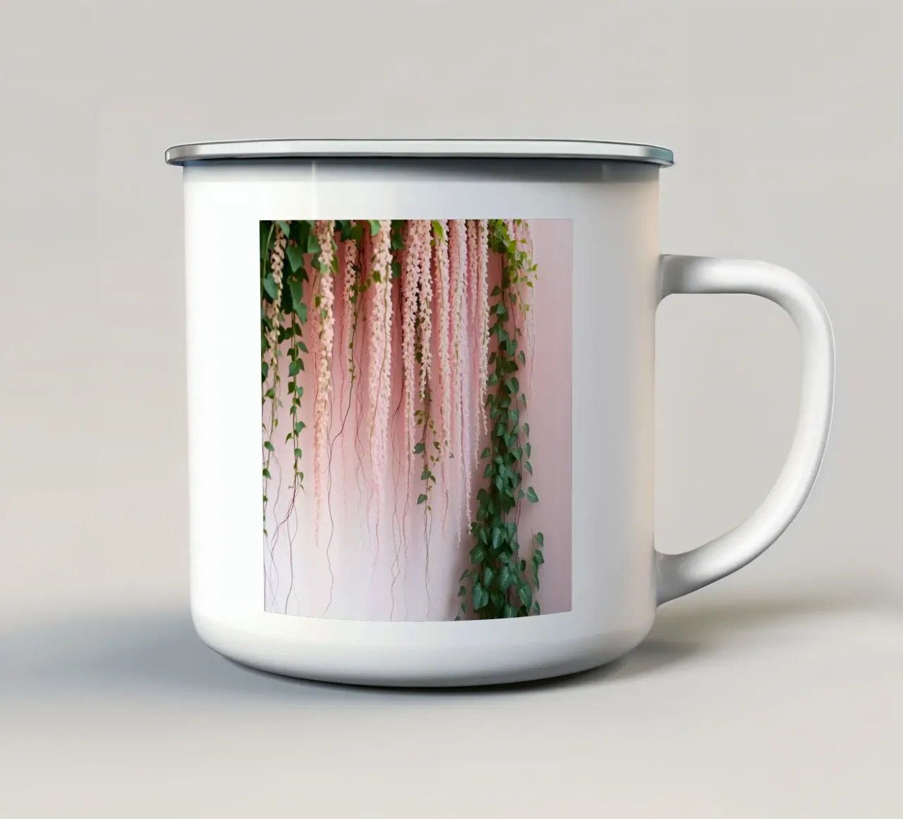 Fiori rosa appesi e viti verdi su sfondo rosa tazza in smalto da DesignDoodle
