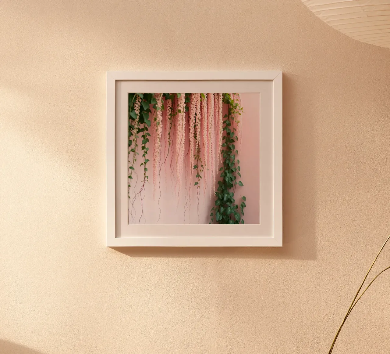 Fiori rosa appesi e viti verdi su sfondo rosa poster con telaio in legno da DesignDoodle