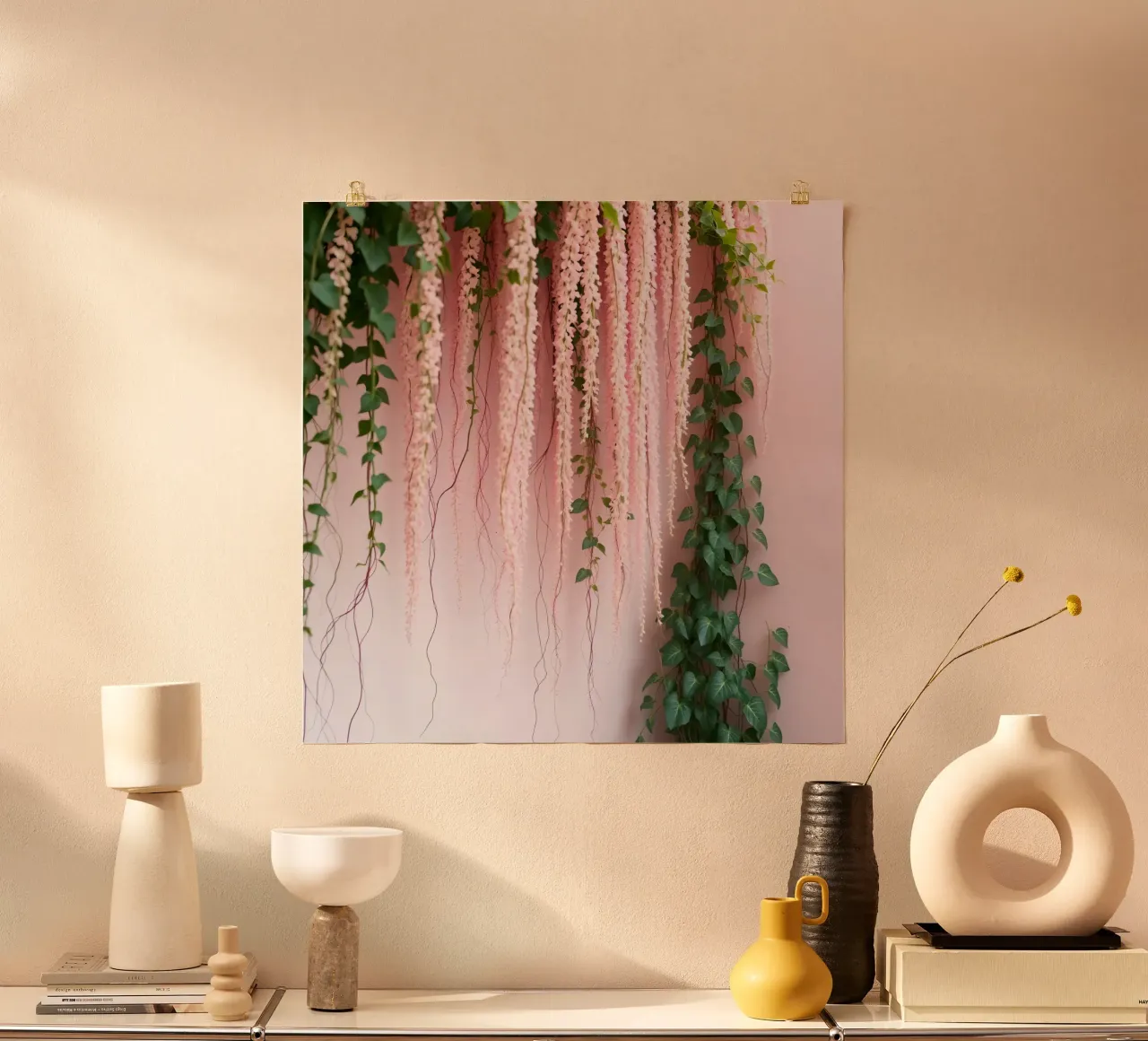 Fiori rosa appesi e viti verdi su sfondo rosa poster con telaio in legno da DesignDoodle