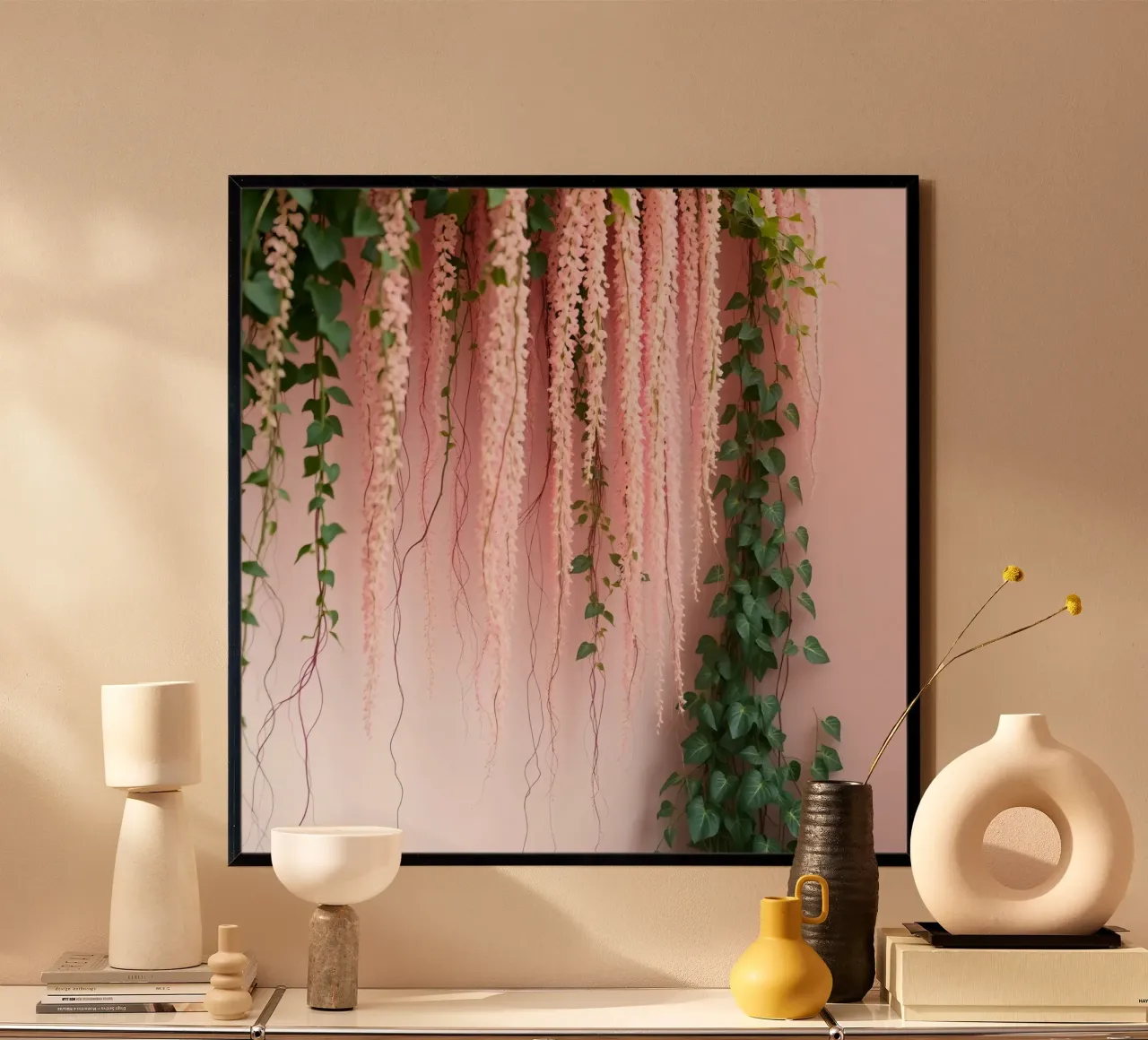 Fiori rosa appesi e viti verdi su sfondo rosa poster con telaio in legno da DesignDoodle