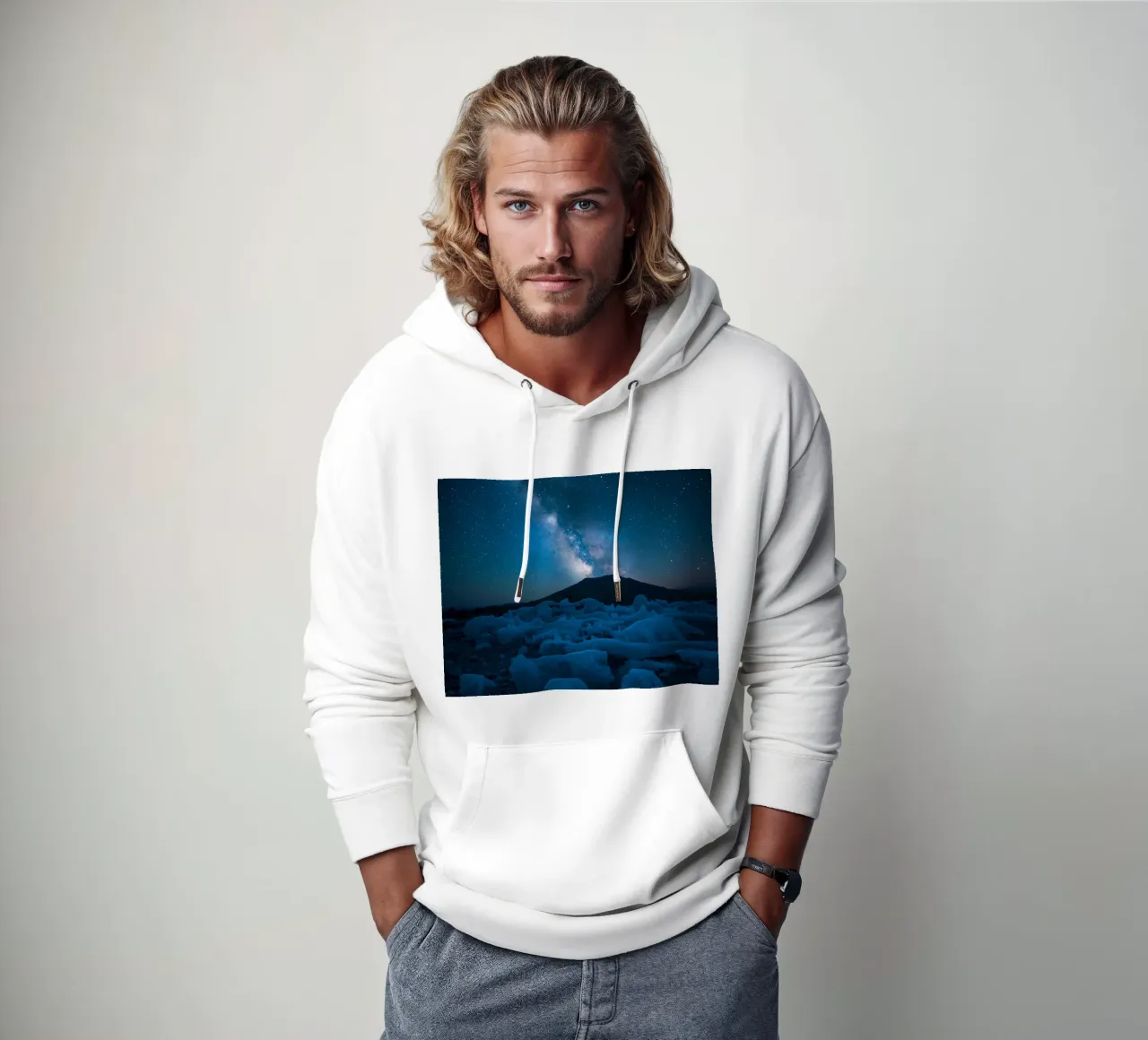 Paesaggio ghiacciato con montagna e Via Lattea di notte felpa con cappuccio da DesignDoodle