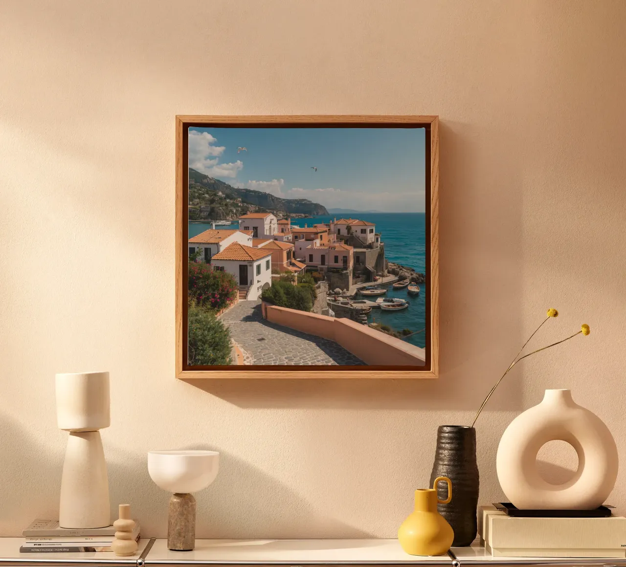 Ischia Dorp met boten en kustlijn canvas met Baklijst van DesignDoodle