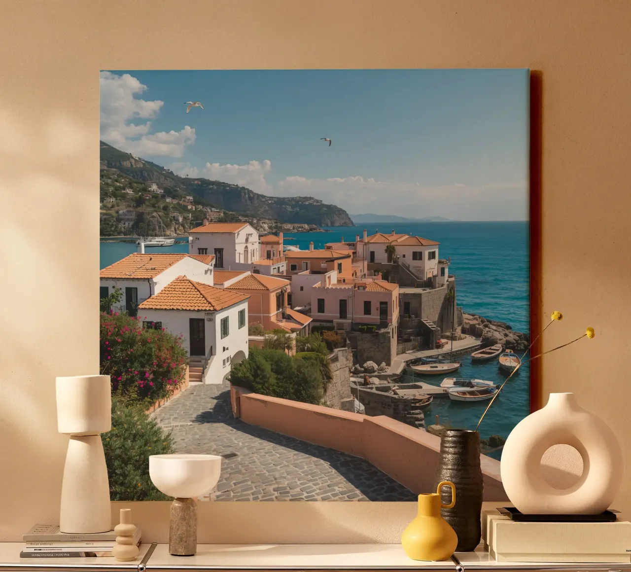 Ischia Dorp met boten en kustlijn canvas met Baklijst van DesignDoodle