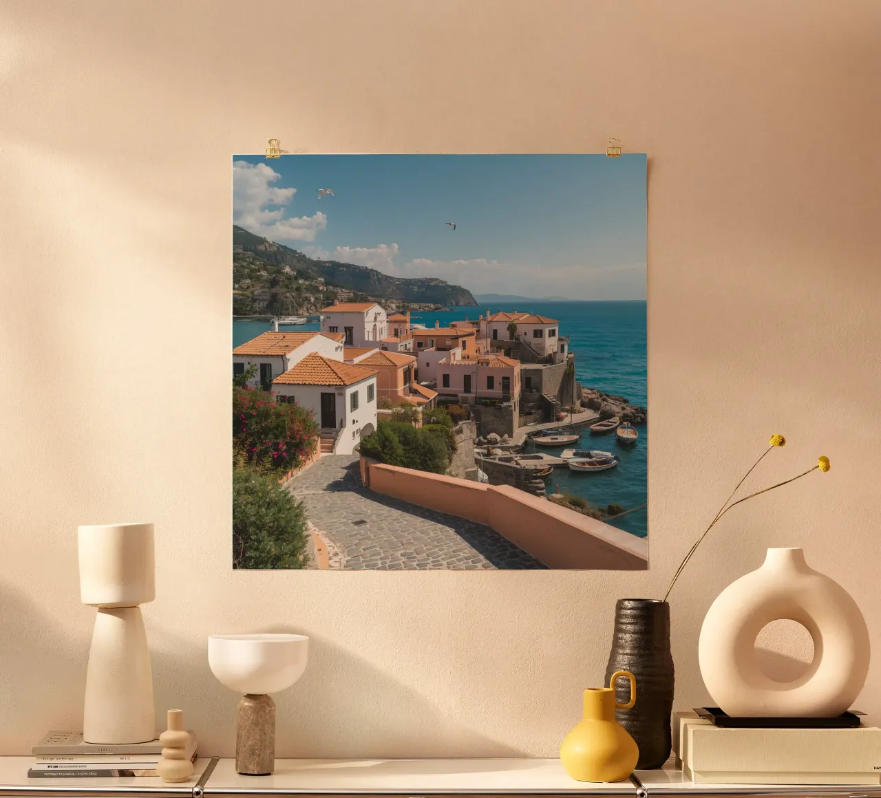 Ischia Dorp met boten en kustlijn poster van DesignDoodle