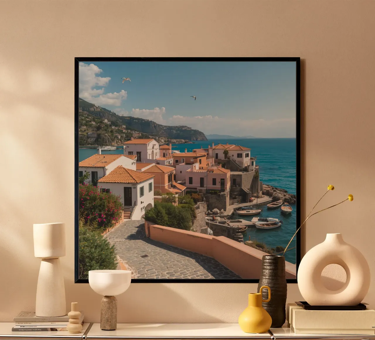 Ischia Dorp met boten en kustlijn poster van DesignDoodle