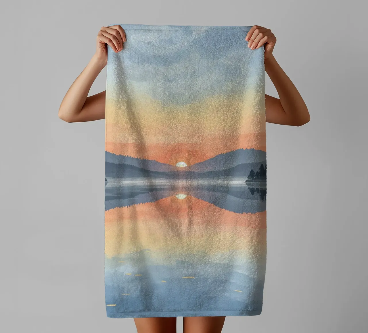 Lake Reflection with Sunset Mountains and Trees towel by DesignDoodle