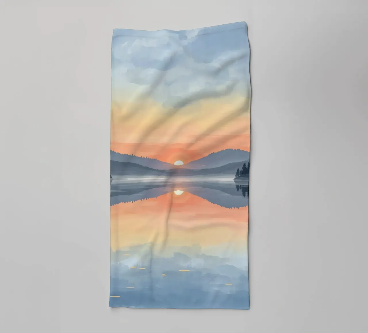 Lake Reflection with Sunset Mountains and Trees towel by DesignDoodle