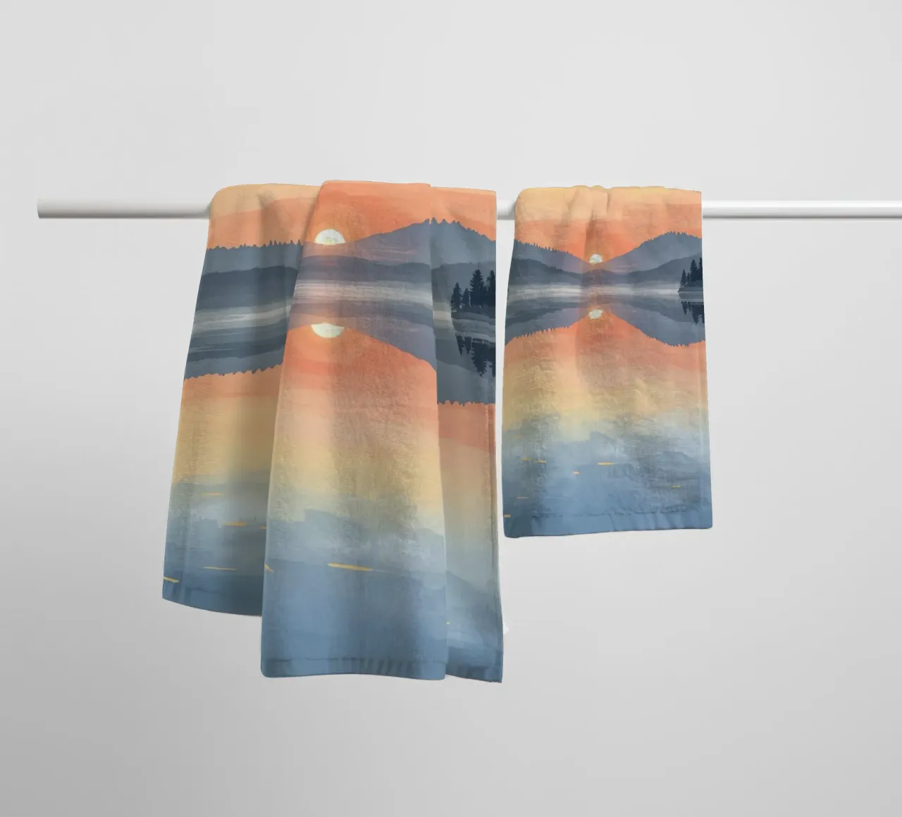 Lake Reflection with Sunset Mountains and Trees towel by DesignDoodle