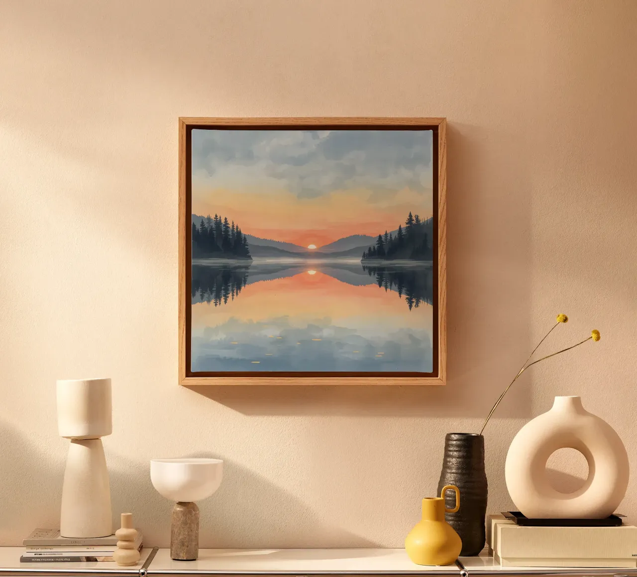 Lake Reflection with Sunset Mountains and Trees canvas with Floater frame by DesignDoodle