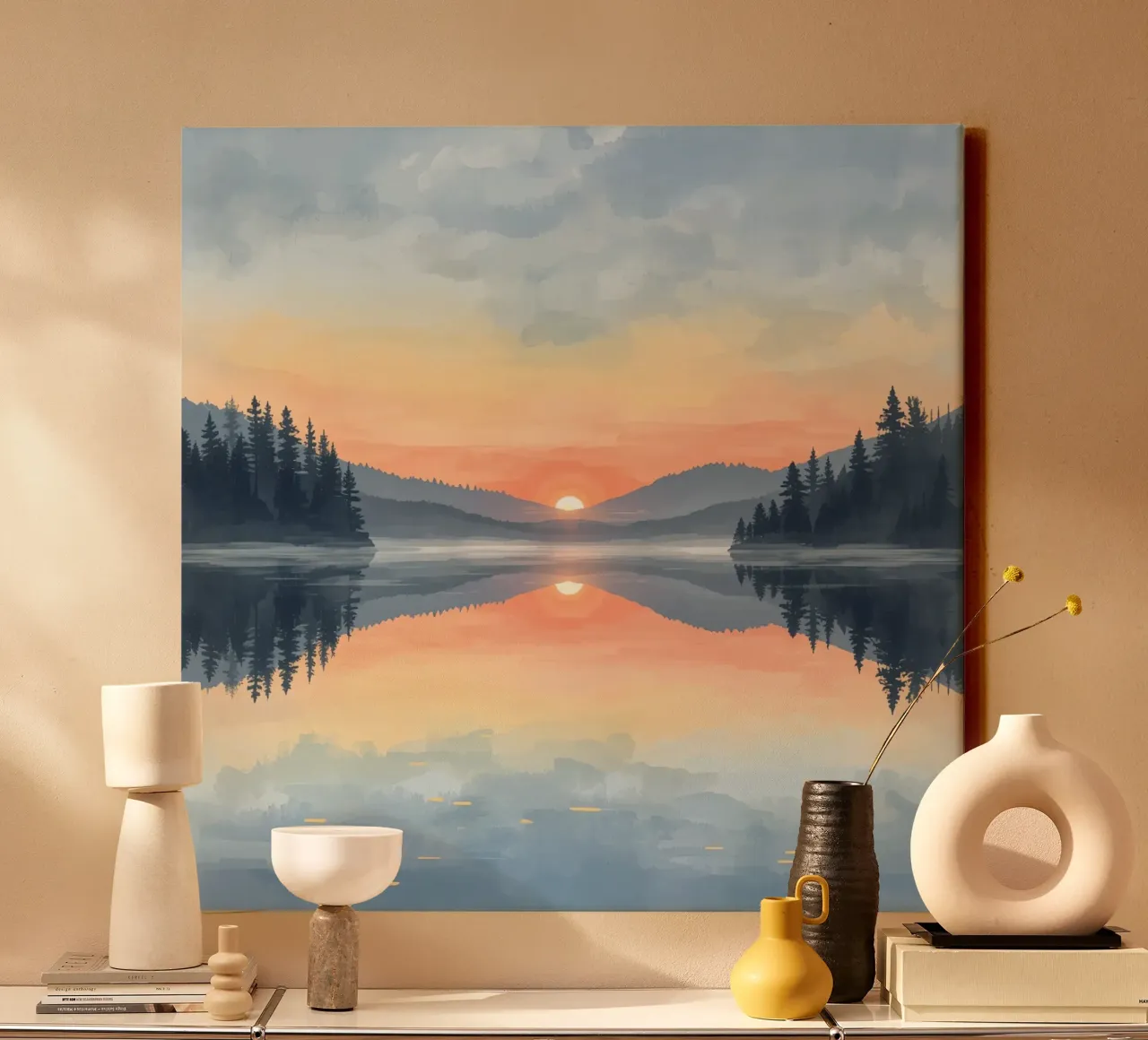 Lake Reflection with Sunset Mountains and Trees canvas with Floater frame by DesignDoodle