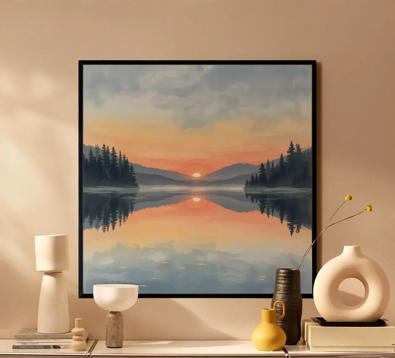 Lake Reflection with Sunset Mountains and Trees poster by DesignDoodle
