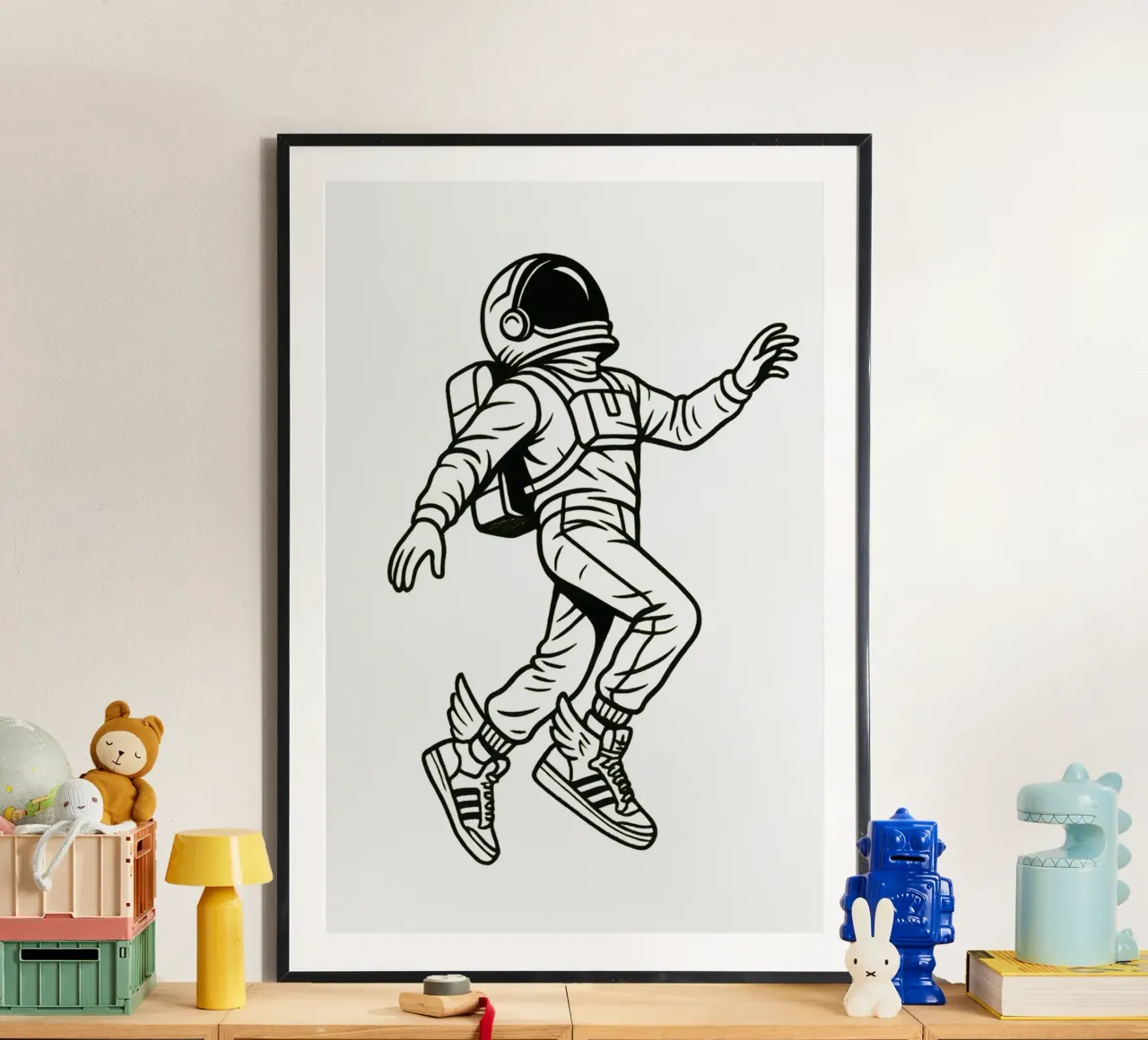 Space Kicks: Winged Astronaut Flight poster con telaio in alluminio da BadrBrand